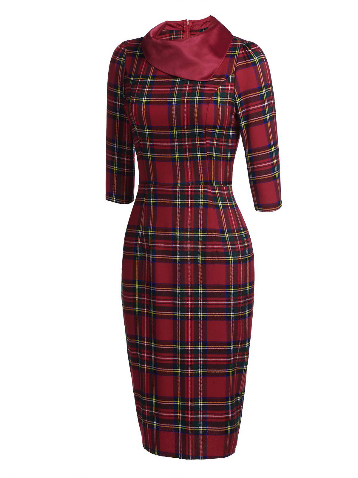 nvxiot Red 1960s Plaids Bodycon Dress