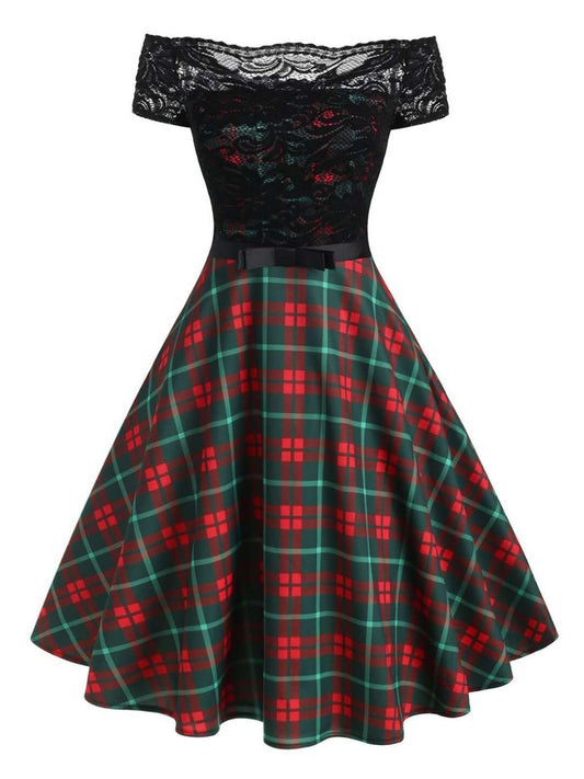 nvxiot Plaids 1950s Lace Patchwork Swing Dress