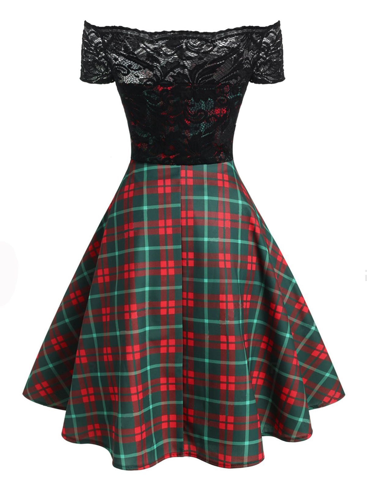 nvxiot Plaids 1950s Lace Patchwork Swing Dress