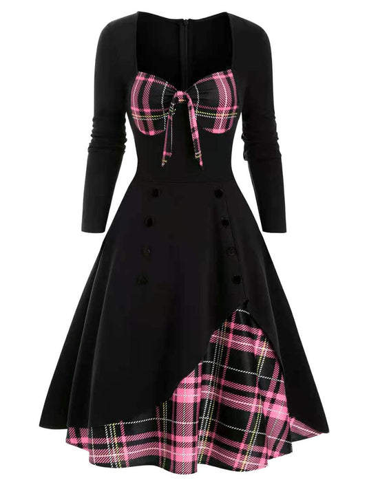 nvxiot 1950s Sweetheart Plaid Patchwork Dress