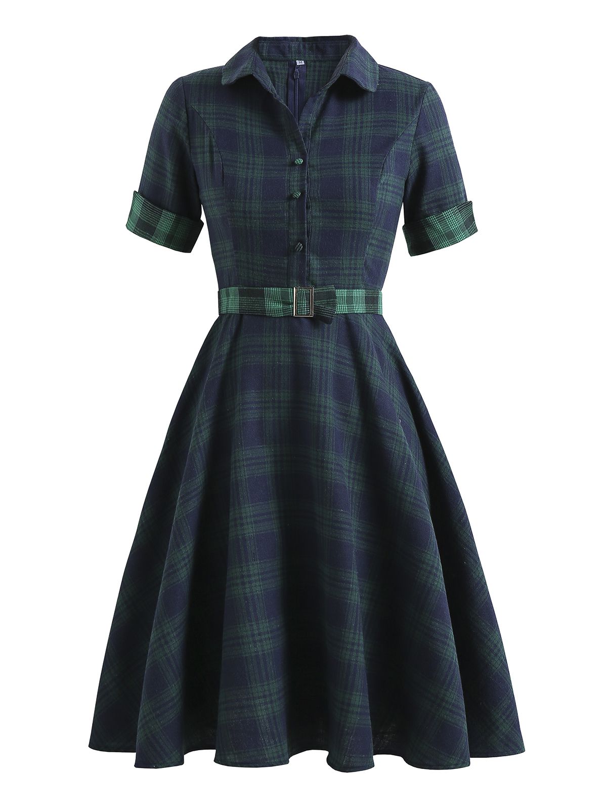 nvxiot Plaids 1950s Buttoned Belted Swing Dress