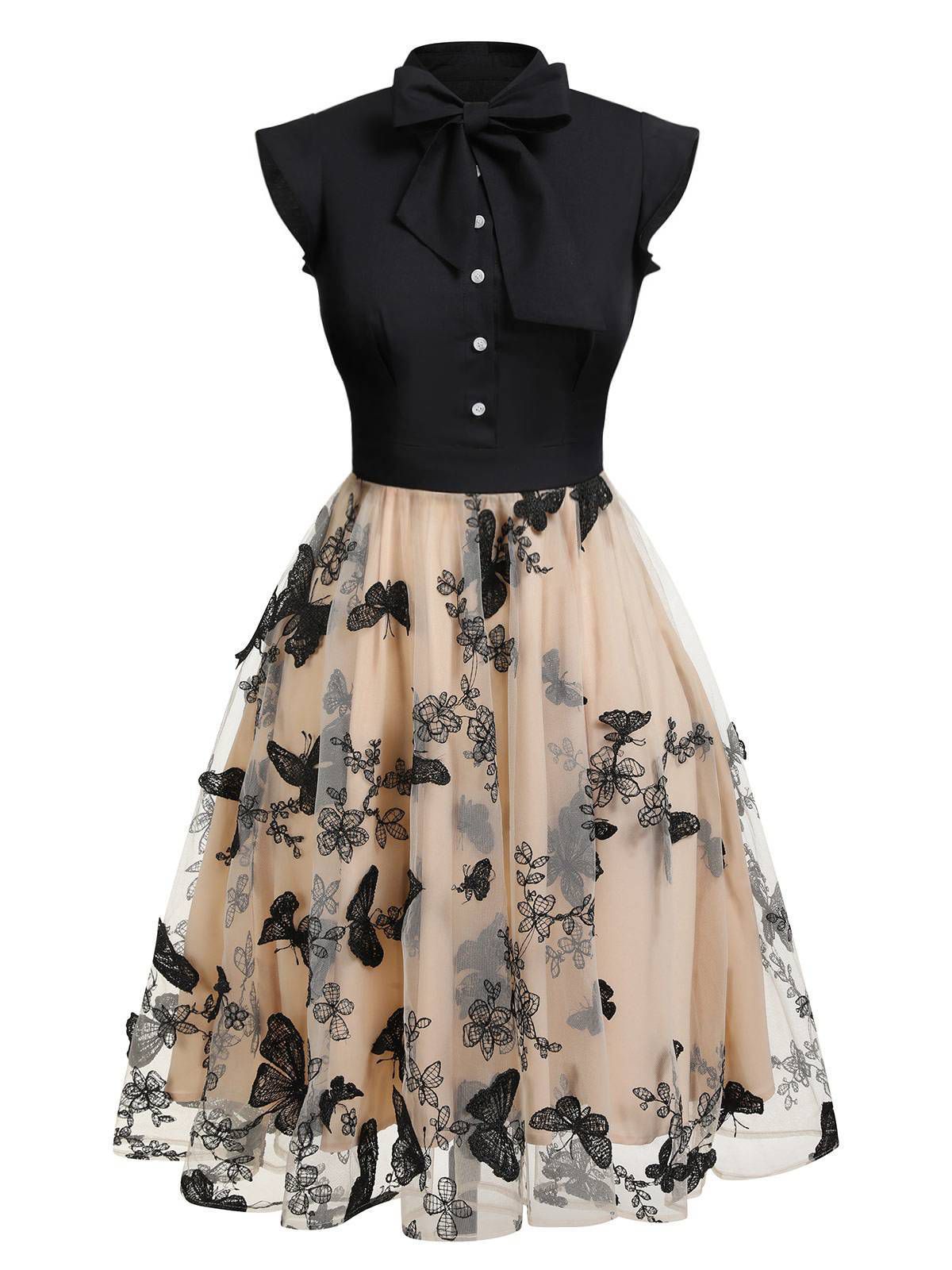 nvxiot Black 1950s Butterfly Patchwork Vintage Dress