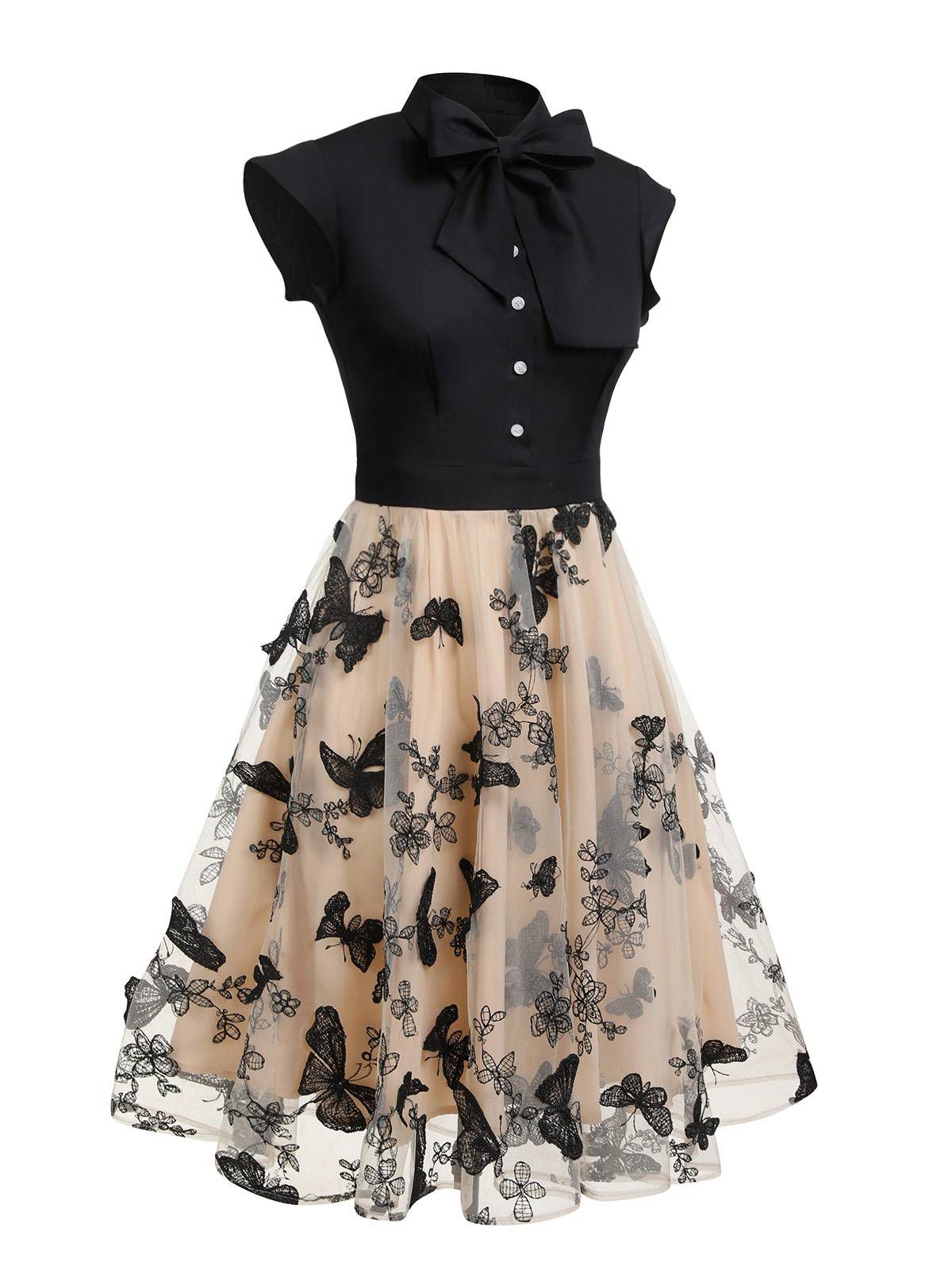 nvxiot Black 1950s Butterfly Patchwork Vintage Dress