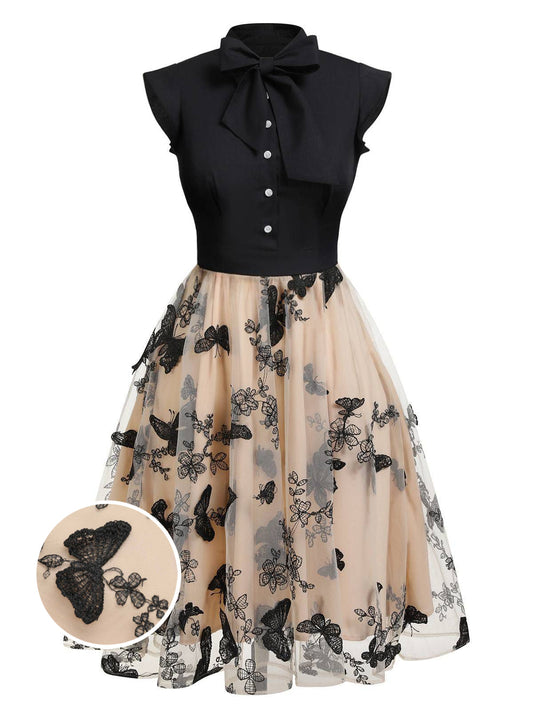 nvxiot Black 1950s Butterfly Patchwork Vintage Dress