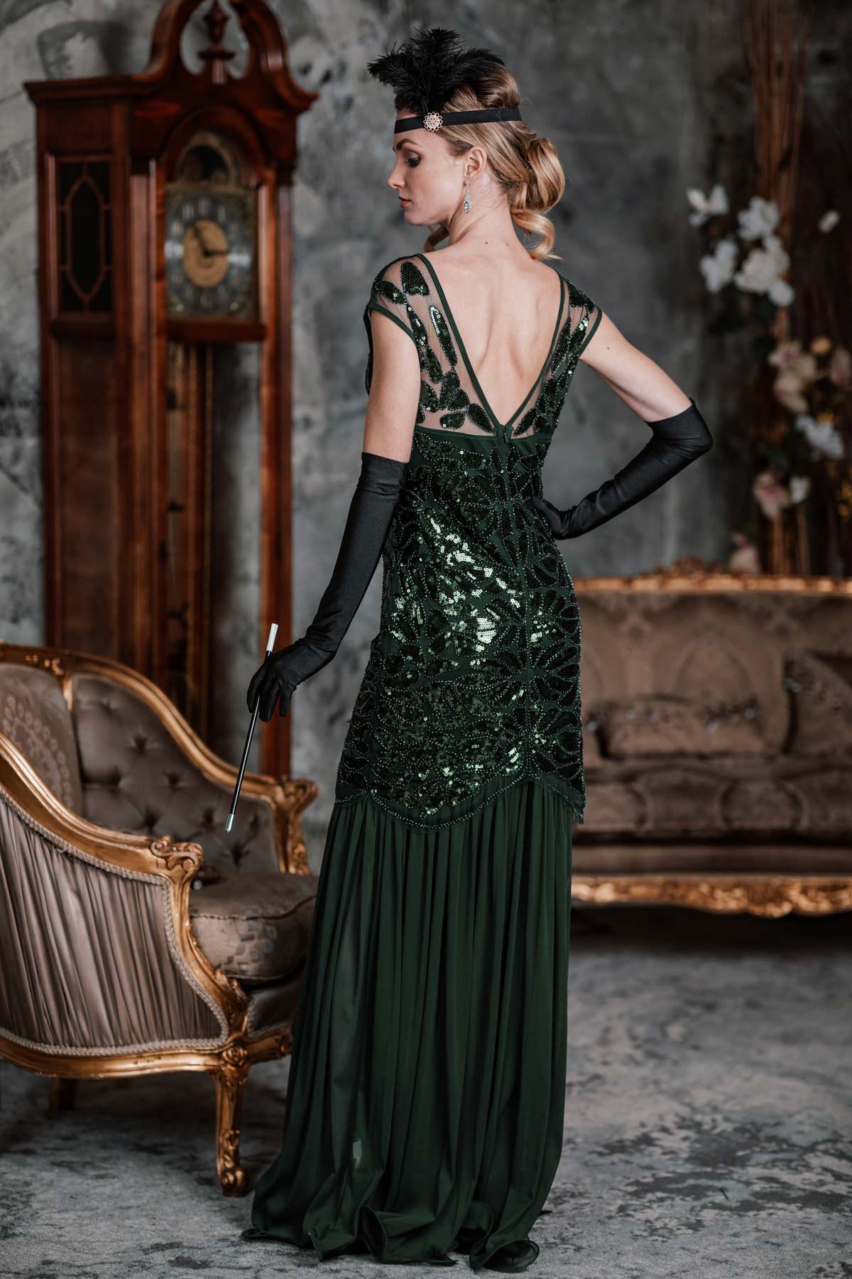 nvxiot [US Warehouse] Green 1920s Sequin Maxi Flapper Dress