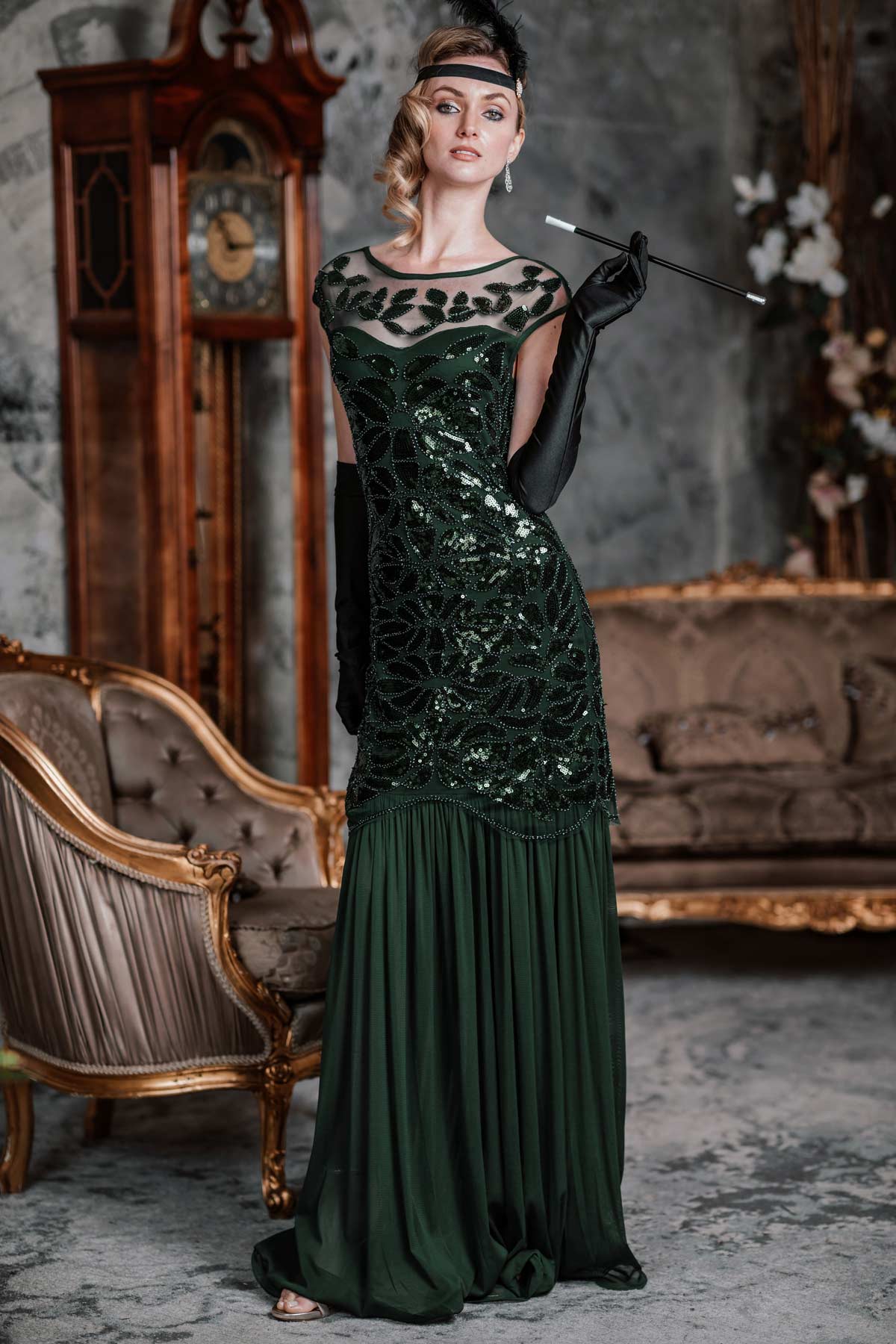 nvxiot [US Warehouse] Green 1920s Sequin Maxi Flapper Dress