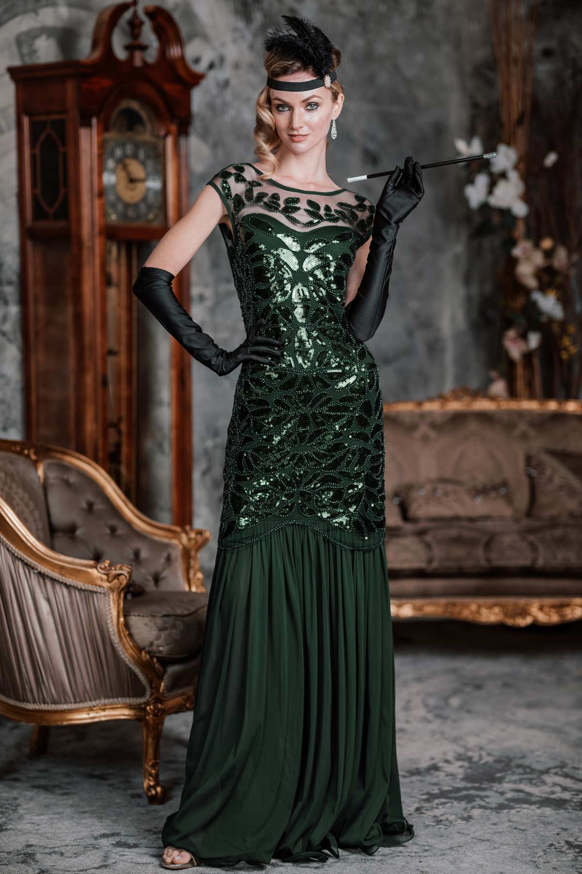 nvxiot [US Warehouse] Green 1920s Sequin Maxi Flapper Dress