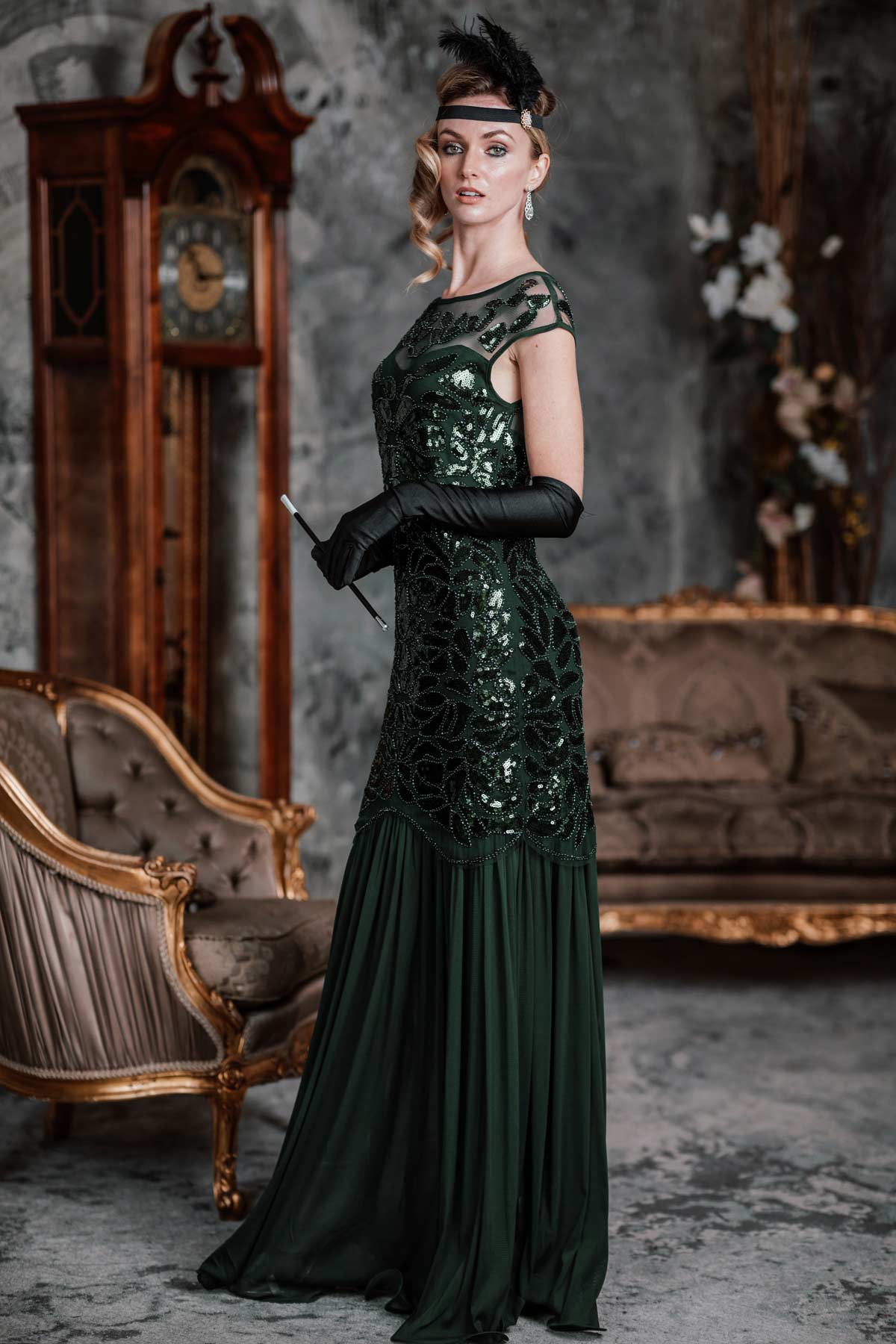 nvxiot [US Warehouse] Green 1920s Sequin Maxi Flapper Dress