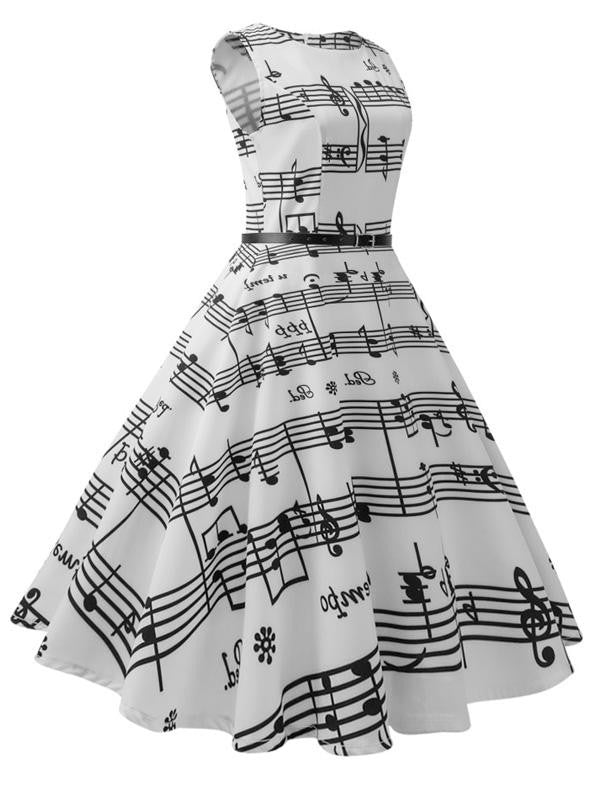 nvxiot White 1950s Music Note Swing Dress