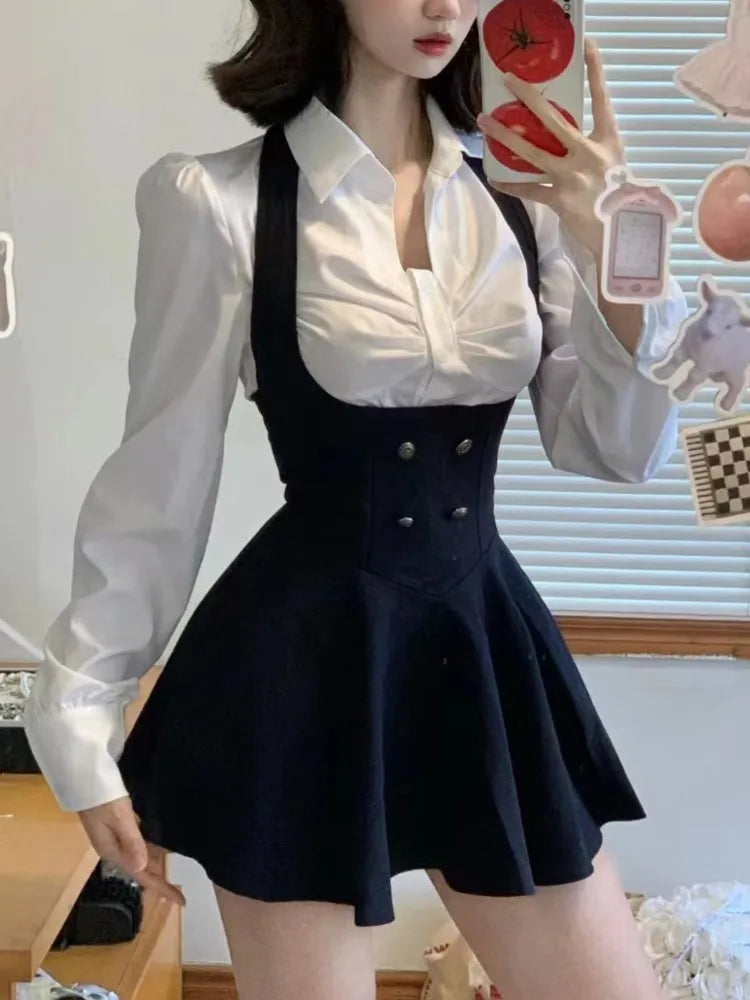 nvxiot Y2K 3 Piece Set Women Cropped Coat + Long Sleeve Shirt + High Waist Halter Ruffles Mini Dress Korean Chic Fashion Sexy Outfits