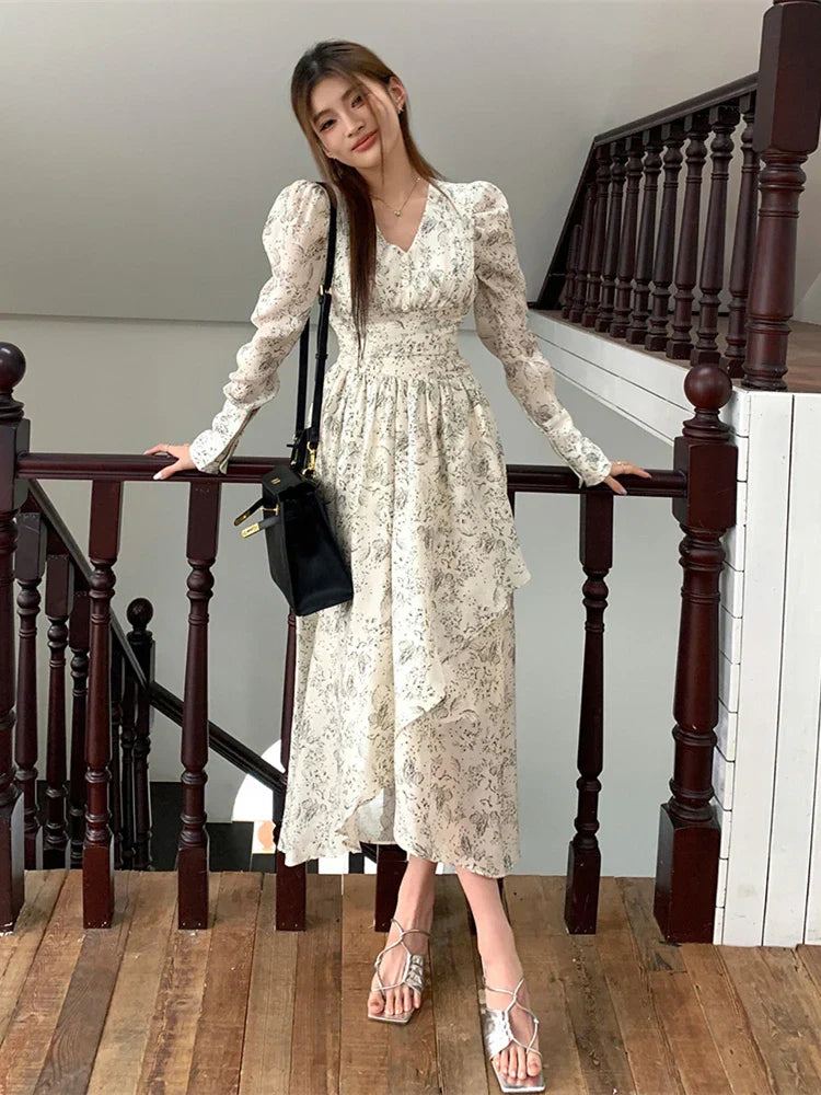 nvxiot-New Floral Women Slim Midi Dresses 2023 New Autumn Streetwear Long Sleeved V-neck Vintgae Elegant Ladies Waist Dress Korean