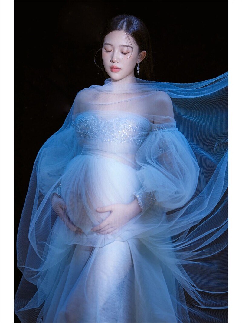 nvxiot Women Photography Props Handmade Blingbling Off-shoulder Maternity Dresses Blue Perspective Pregnancy Dress for Studio Shoot New