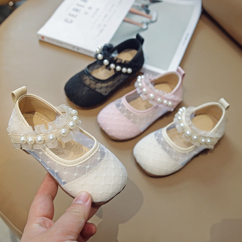 Toddler Pearl Shoes Fashion Children Girls Spring Autumn Pu Mesh Princess Lace Shoes Kids Shoe Baby Flat Girl Loafers Shoe Baby