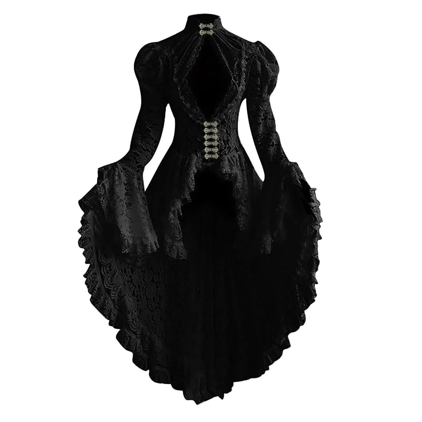 nvxiot  -  Gothic Lolita Dress Vintage Lace Patchwork Ruffle Hem Dress Punk Bell Sleeves See Through Dresses Princess Court Costumes