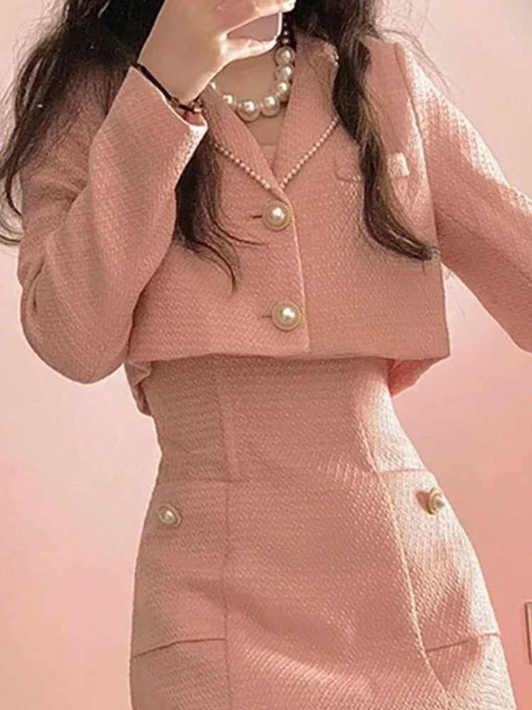 nvxiot stylish dress Pink Vintage Elegant Two Piece Set Women Japanese Sweet Y2k Casual Mini Dress Set Female Chic Coat+ Solid Designer Dress 2024