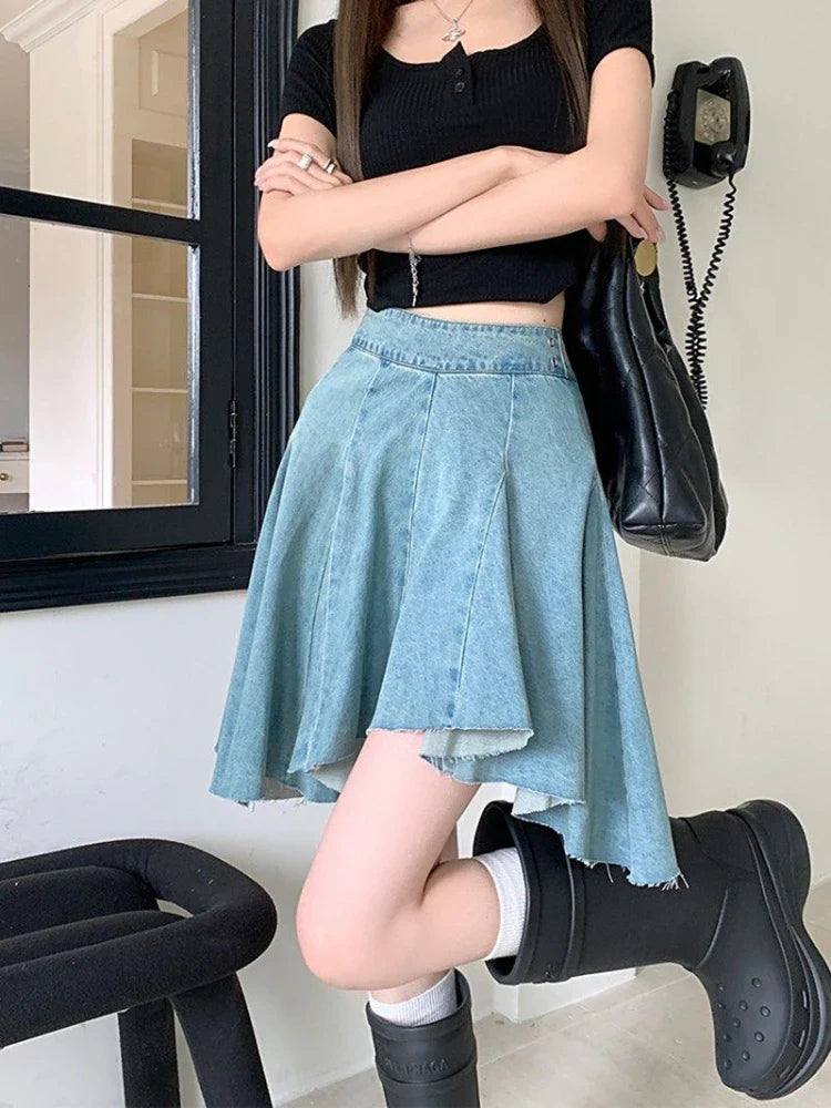MQTIME  - Vintage Irregular Denim Skirt Y2k High Wasit Pleated A-line Summer Skirts for Women Sexy Girl Washed Aesthetics Clothes