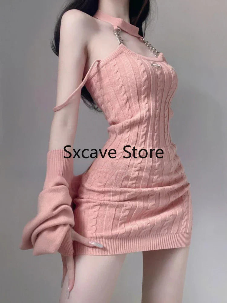 nvxiot 2024 Autumn Pink Knitted Suits Office Lady Casual Y2k Crop Tops + Mini Dress Korea Fashion Clothing Even Party 2 Piece Dress Set