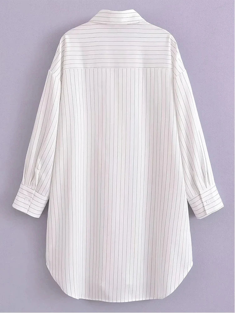 nvxiot White Stripe Shirt Dress Women Autumn Spring Slit Casual Oversize Single Breasted Turn Down Collar Short Summer Dress