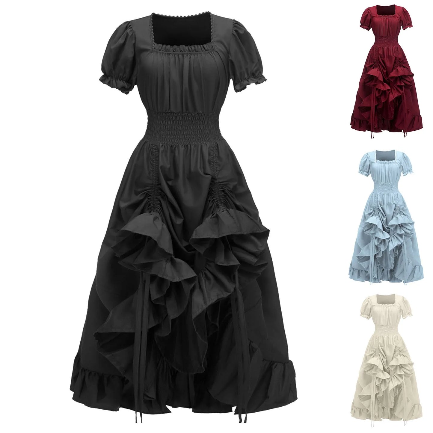 MQTIME  -  Medieval Vintage Cascading Ruffles Pleated Gothic Court Dress Retro Elegant Square Neck Renaissance Stage Wear Halloween Costume