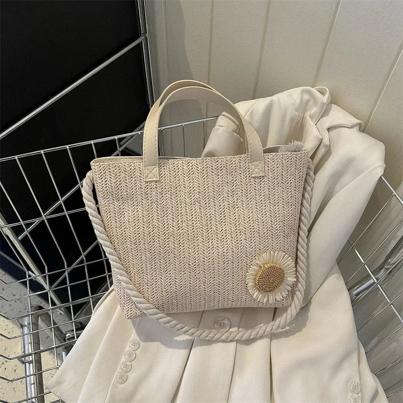 nvxiot Small clear fashion flower woven shoulder bag  retro minimalist square bag woven vegetable basket bag