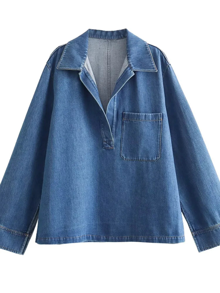 MQTIME  -  Casual Denim Pants Sets Women Long Sleeve Turndown Collar Pullover Wide Leg Pants Female Suit 2024 Spring Summer Lady Outfits