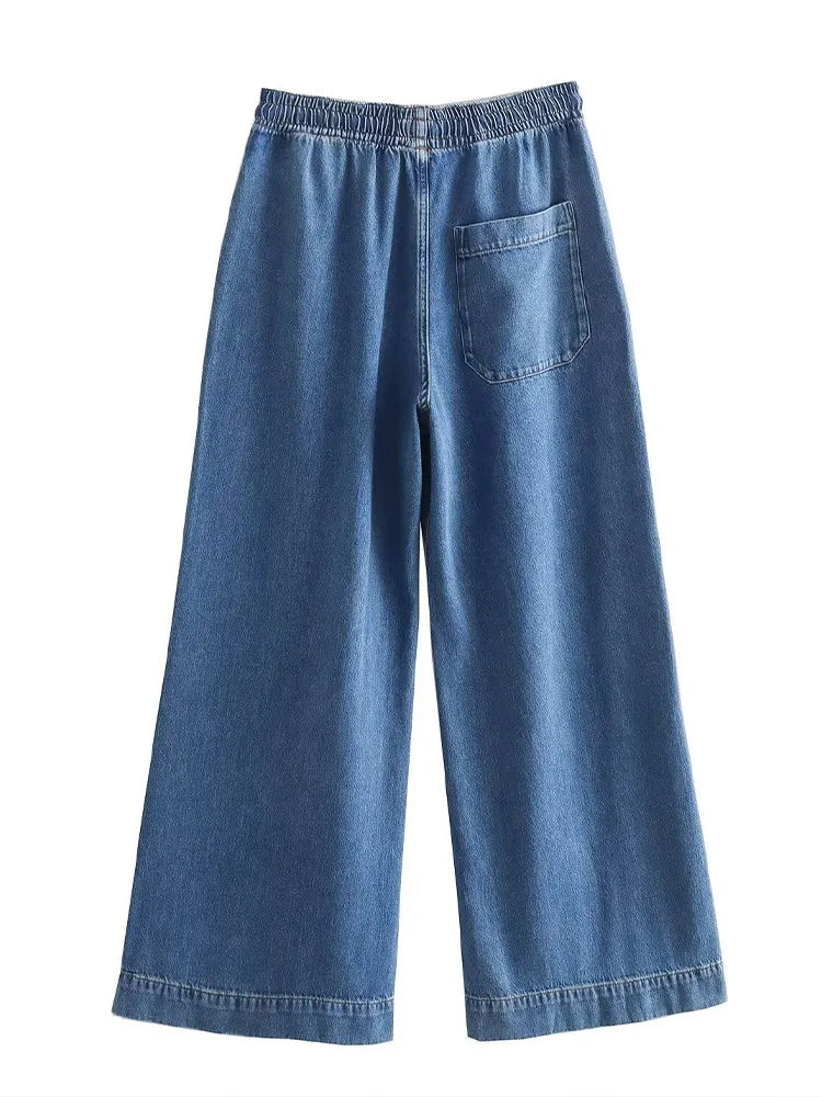 MQTIME  -  Casual Denim Pants Sets Women Long Sleeve Turndown Collar Pullover Wide Leg Pants Female Suit 2024 Spring Summer Lady Outfits