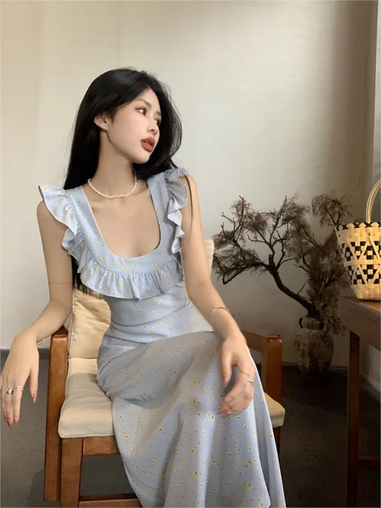 nvxiot Elegant Floral Sleeveless Long Dress Women Square Collar Ruffles Vocation Beach Slim Dresses Female Summer Vestidos Clothes