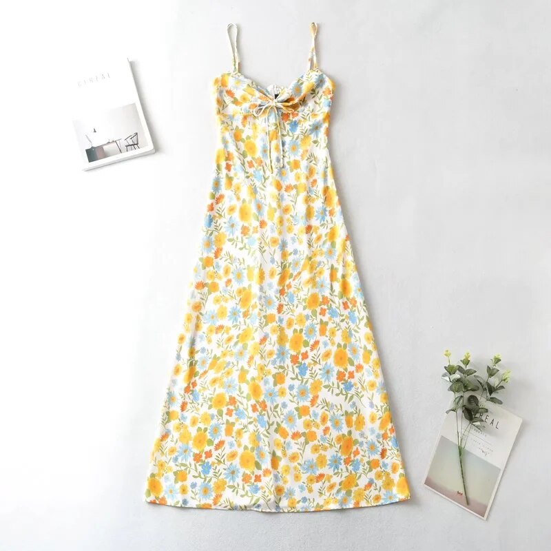 nvxiot Female French Style Yellow Flower Print Boho Summer Dress Midi Sleeveless Women Beach Dress Straight Sexy Party Vestidos