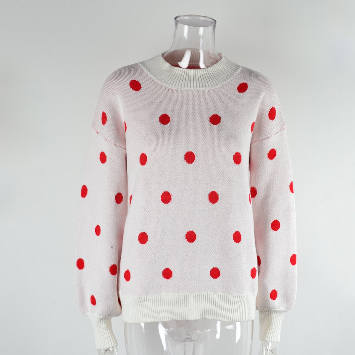 nvxiot Polka Dots O Neck Casual Sweater Women Autumn Winter White Casual Vintage Female Jumper Black Thick Retro Pullover