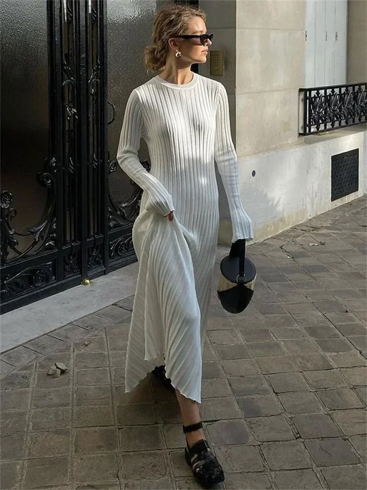 nvxiot Lace-Up Female Knit Maxi Dress Autumn High Waist Fashion Patchwork Long Sleeve Loose Solid Dress Bandage Knitwear Dress