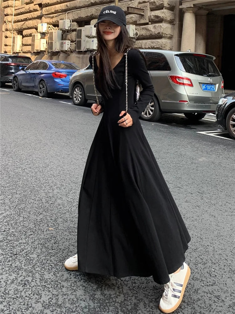 nvxiot-Elegant Black Knitted Midi Dresses for Women Autumn and Winter Fashion Solid Sweet Cute Slim Chic Vintage Female Long Dress