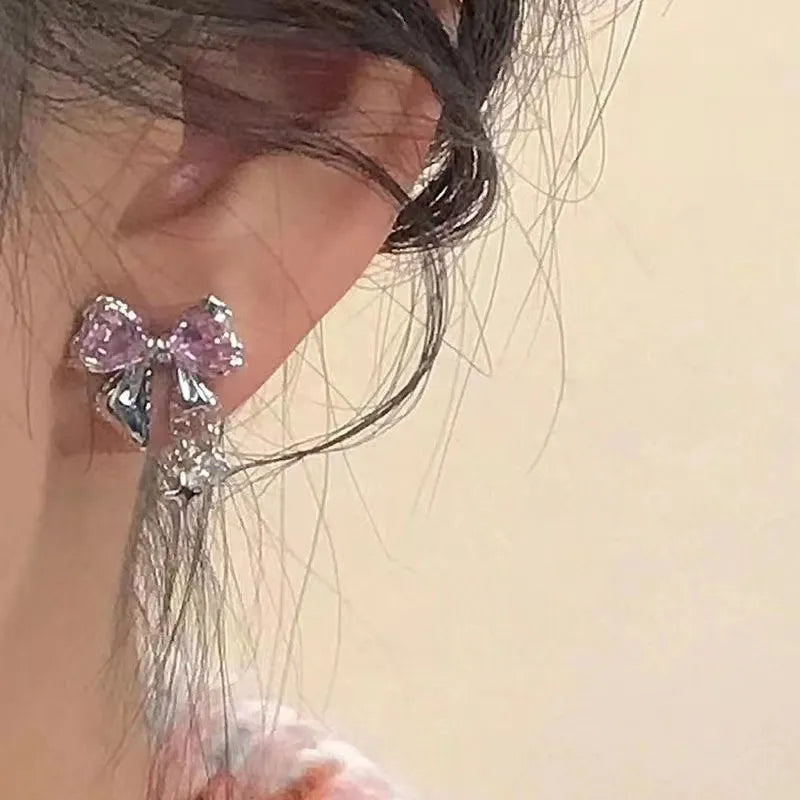 nvxiot Y2K Bowknot Zircon Stud Earrings for Women Fashion Korean Silver Color Pink Crystal Personality Earring Girl Party Jewelry Gifts