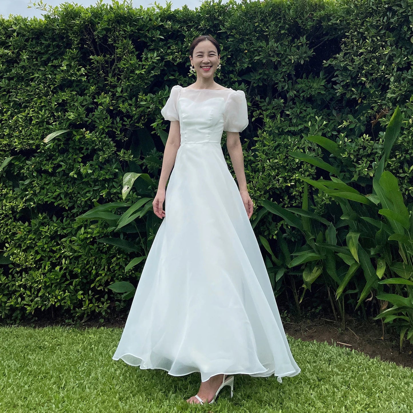 MQTIME  -  Boat Neck Korea Garden Evening Dresses Pleat Short Sleeves Formal  Floor Length Elegant Prom Grown Party Women Bride