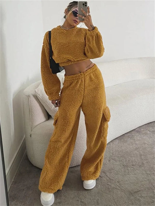 nvxiot  -  Autumn Loose Fashion 2 Piece-Set Trousers For Women Cropped Pullover Top And High Waist Patchwork Women's Pants Sets 2024