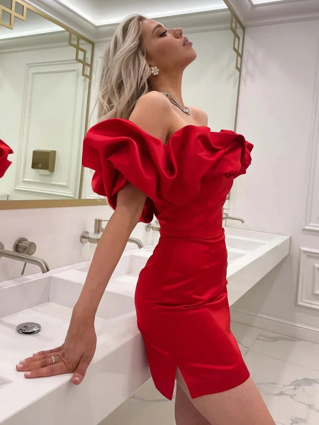 nvxiot Red Evening Party  Dresses Elegant Fashion Women's Slash Neck High Waist Tunics Bodycon Package Hip Short Beach Dress 2024 Y2K