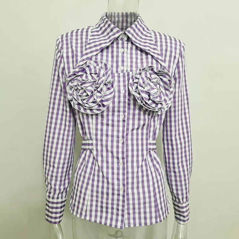 nvxiot Fashion Button -Up With Three-Dimensional Flower Shirts & Blouses Streetwear Long Sleeve Plaid Full Shirt Women Chic Tops