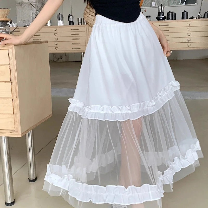 nvxiot  - Solid Color Elegant Ladies Elastic Fashion Patchwork Net Yarn High Waist A-line Skirt Summer Sweet White Black Women's Clothing