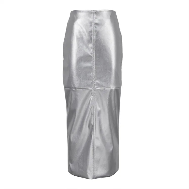 MQTIME  -  Elegant Gold Pu Leather Skirts Women High Waist Office Long Skirt for Casual Classic Dresses 2024 Fashion Female Clothing