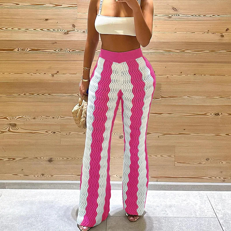 nvxiot  - Autumn Wavy Striped Y2K Knited Wide Leg Pants Women Stretch High Waist Casual Straight Trousers Fashion Streetwear Bottoms