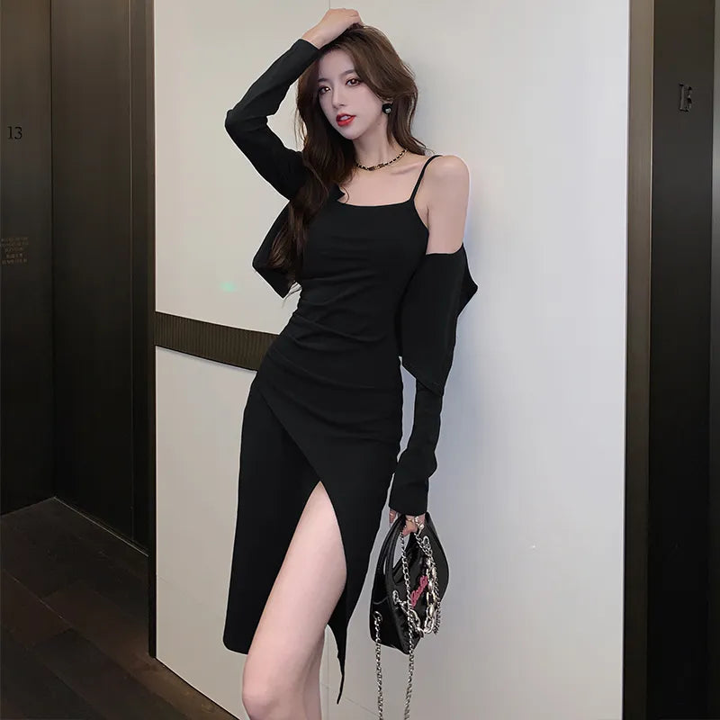 nvxiot-2023 New Autumn Fashion Solid Midi Dresses for Women Long Sleeved Square Neck Elegant Office Lady Korean Dress Female Clothing