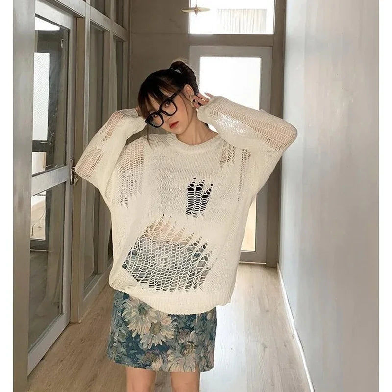 nvxiot  -  Oversized Sexy Hole Sweaters Loose Casual O-neck Knitted Solid Korean Fashion Black Chic Daily Trendy Long Sleeve Pullovers Tops