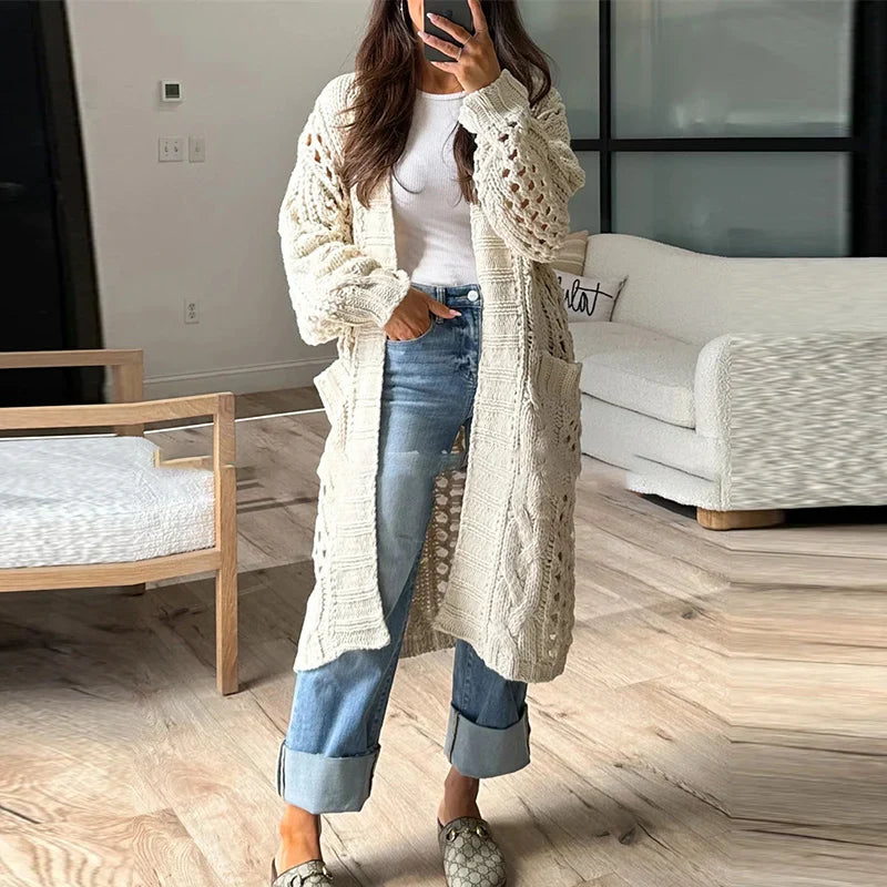 MQTIME  -  2024 Casual Solid Color Pocket Coat Ladies Elegant V Neck Hollow Knitted Cardigan Autumn Winter Thick Warm Loose Sweater Outwear