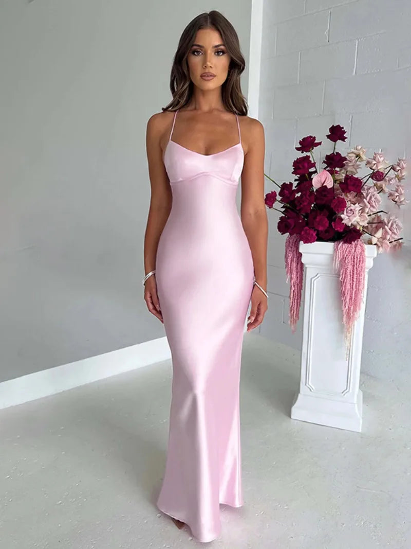 nvxiot Women's Spaghetti Strap Satin Long Dresses Elegant Sleeveless High Waist Tunics Backless Lace-up Tight Evening Party Dress Pink