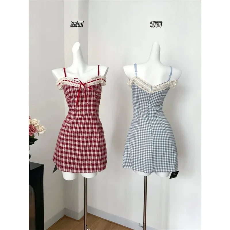 nvxiot Stylish Japanese Plaid Kawaii Strap Dress Women Lace New Korean Casual Y2K Mini Dress Female V-neck High Waist Cute Clothes 2024 Summer