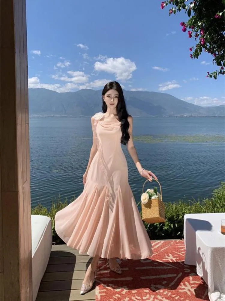 nvxiot  -  Sweet Elegant Pink Slip Backless Ruffles Pleated Fishtail Long Dresses Women Sexy Birthday Party Prom Evening Dress 2024 Summer