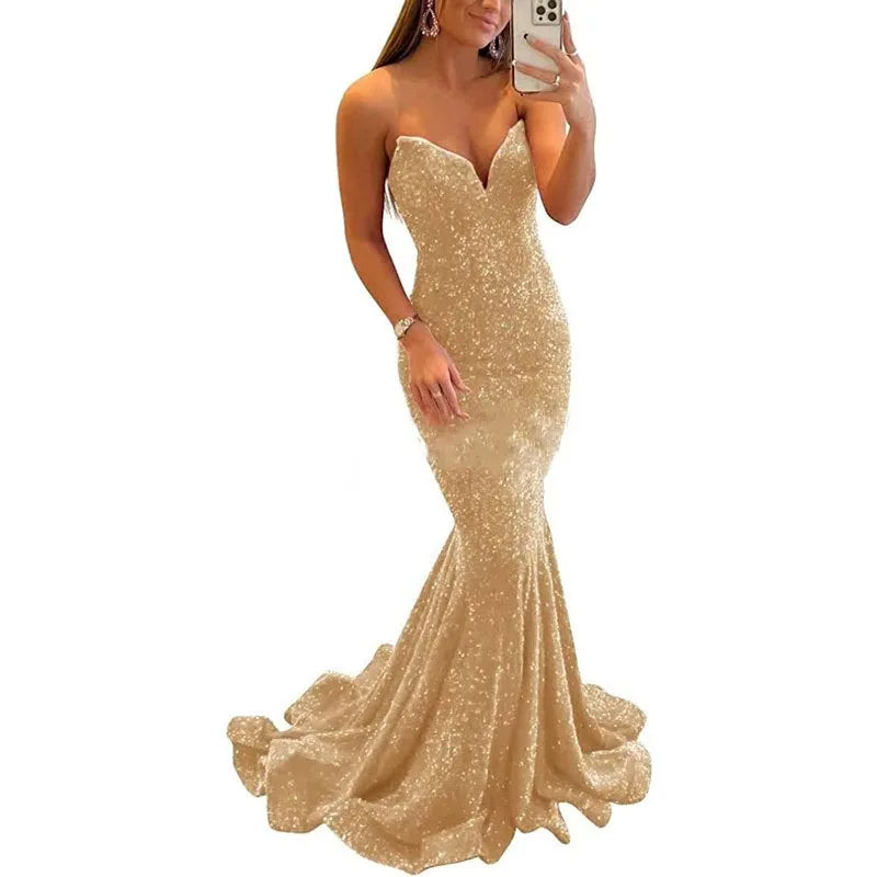 MQTIME  -  Elegant Mermaid Women Evening Dresses Sequins Court Train V Neck Prom Party Gowns Formal Bridal Dress