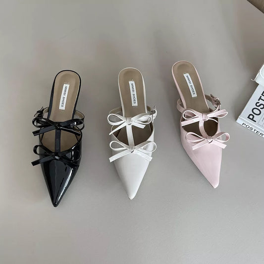 nvxiot Casual Women Slippers Pointed Toe Black White Pink Bow Design Shallow Slip On Mules Shoes Thin Low Heels Summer Outside Pumps