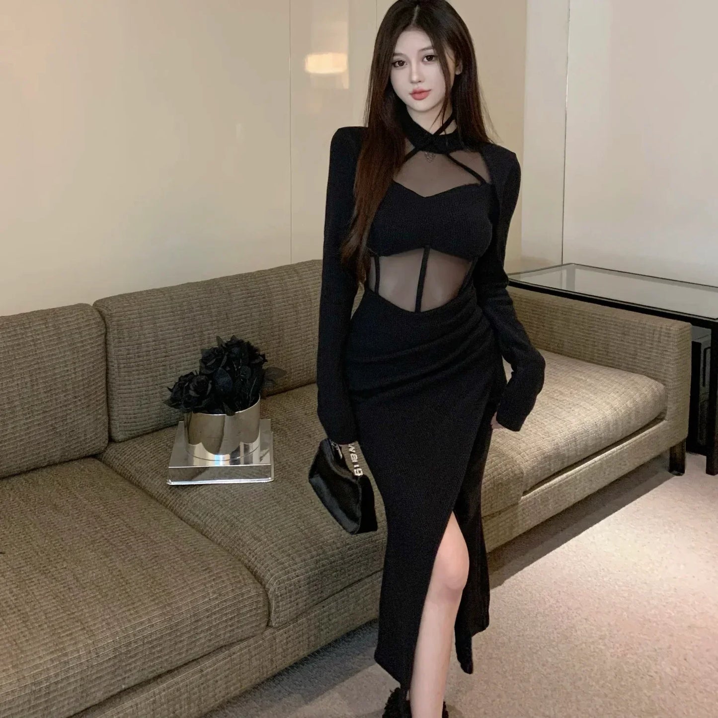 nvxiot-CLUB OUTFITS Long Sleeve Dresses Women Halter Elegant Black Sexy Slit Fashion Skinny Spring Hotsweet Sheer European Style Ankle-length Party