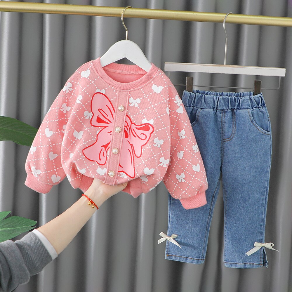 nvxiot Spring Autumn Children Baby Girl 2PCS Clothing Set Printed Butterfly Cotton Sweatshirts Jeans Pants Kids Girl Sports Suit