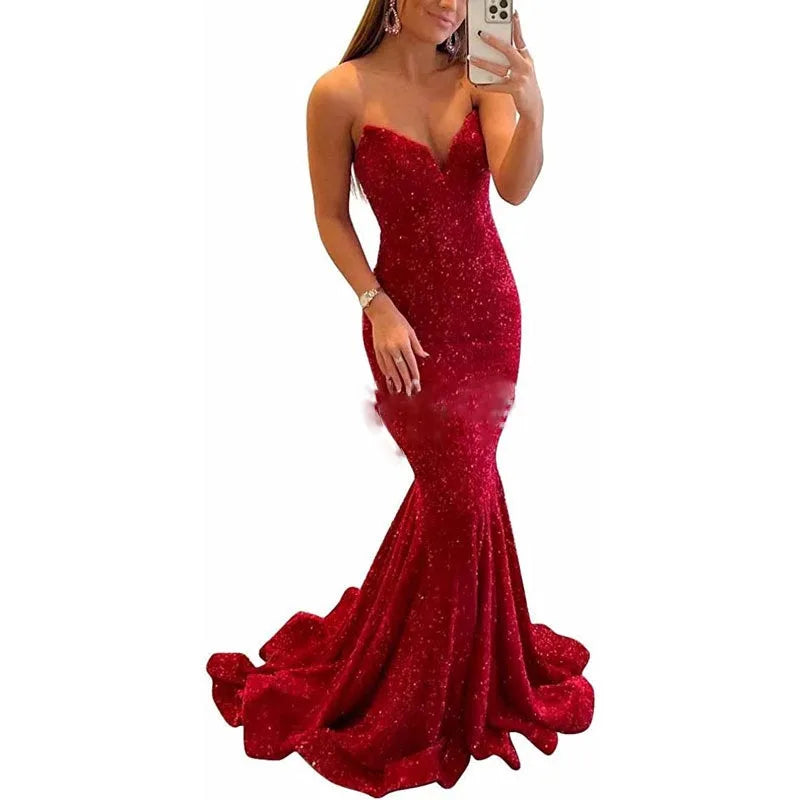 MQTIME  -  Elegant Mermaid Women Evening Dresses Sequins Court Train V Neck Prom Party Gowns Formal Bridal Dress